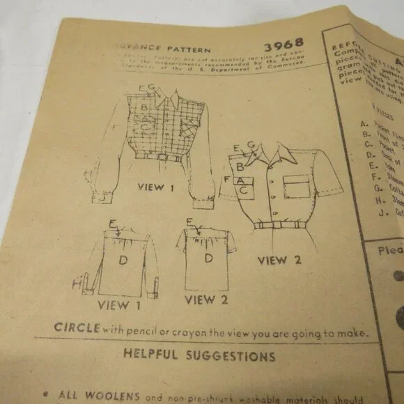 Advance 3968 Clothing Pattern Men's Shirt 16-16.5 neck 1940s Complete - Picture 3 of 9